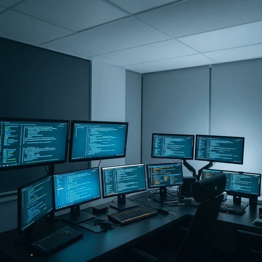 Cyber security operations center with multiple monitors